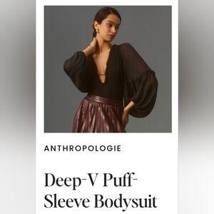 Anthropologie Black Sheer Puff Sleeve Ruffle Bodysuit Deep V Neckline S